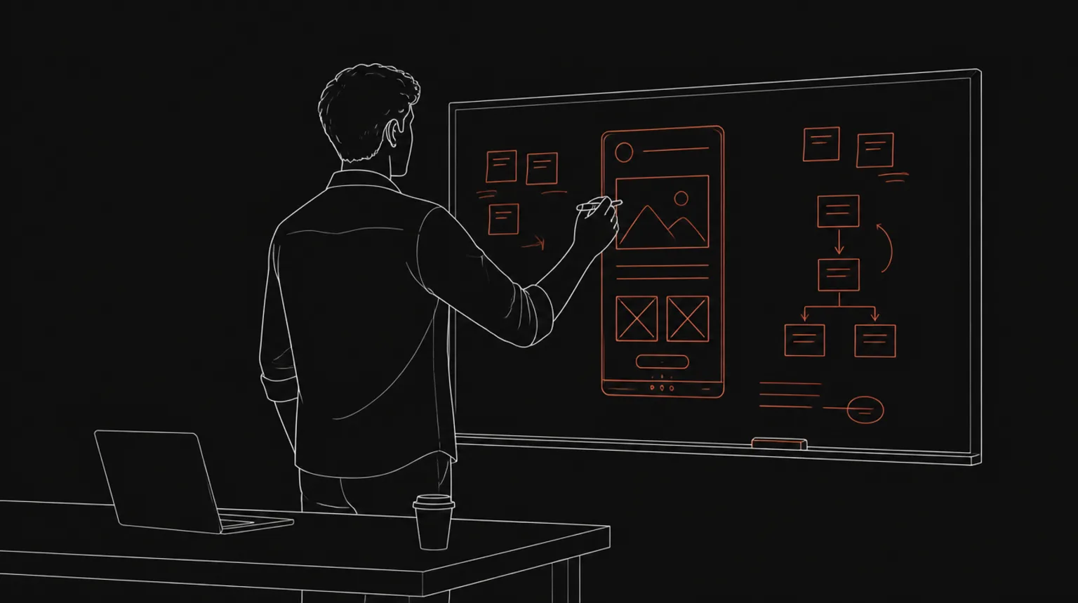Illustration: a founder sketching a product at a whiteboard