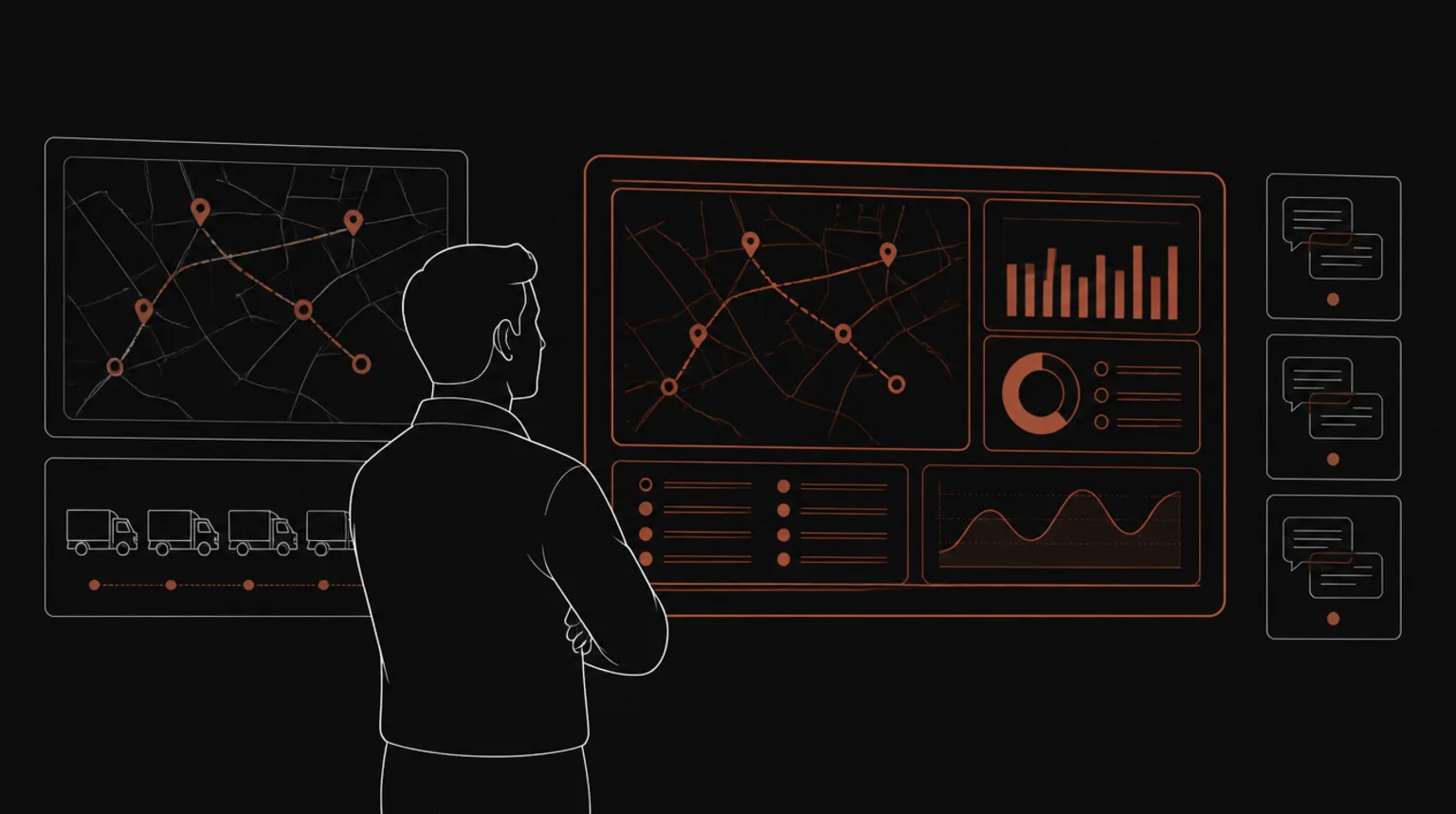 Illustration: an operations leader in front of a dispatch wall that resolves into one screen