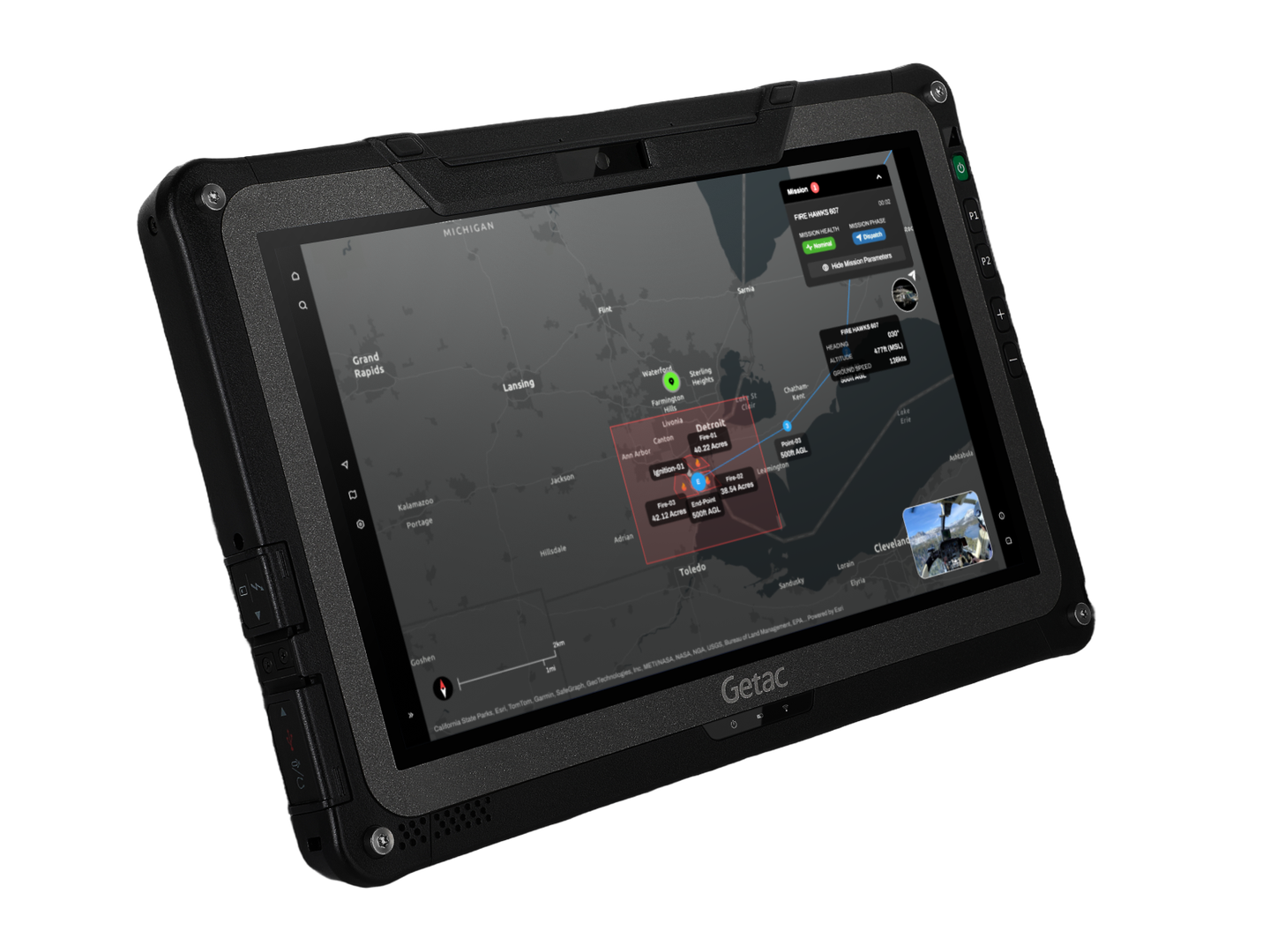 Rain control dashboard showing fire boundaries, aircraft and flight routes on a rugged tablet