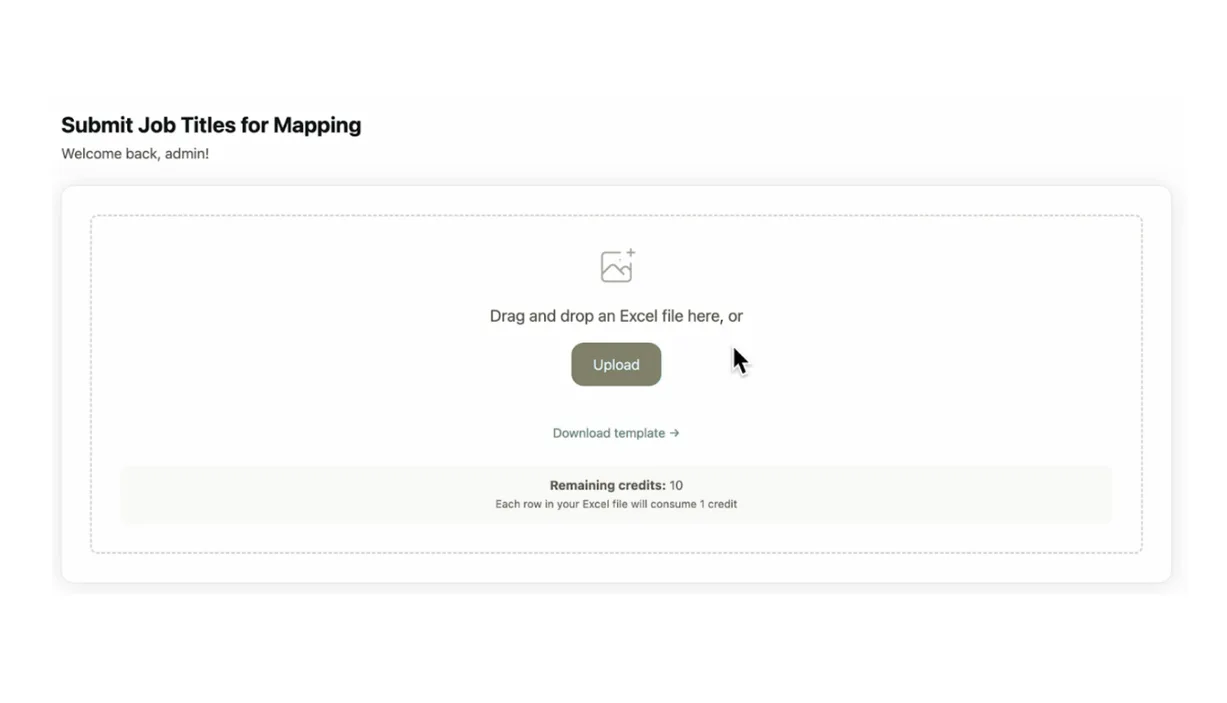 Excel upload area for submitting job titles to the mapping workflow.